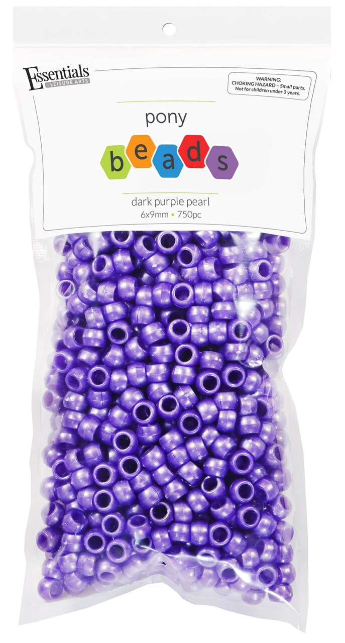 Essentials by Leisure Arts Pony Bead 6mm x 9mm Pearl Dark Purple Opaque Plastic Pony Beads Bulk 750 pieces for Arts, Crafts, Bracelet, Necklace, Jewelry Making, Earring, Hair Braiding
